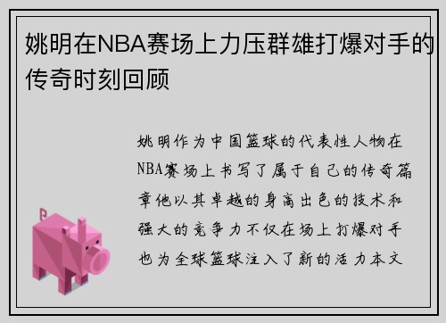 姚明在NBA赛场上力压群雄打爆对手的传奇时刻回顾